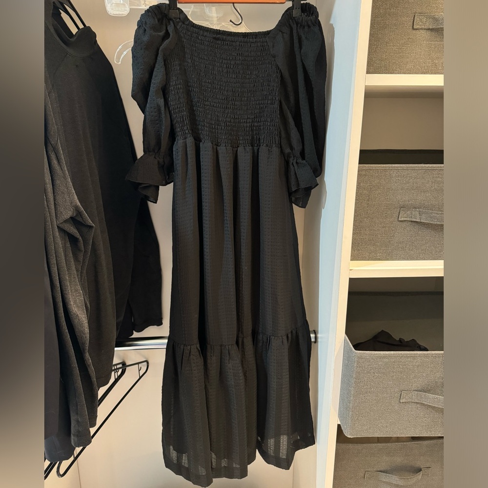 Black smocked midi dress, size small, madewell